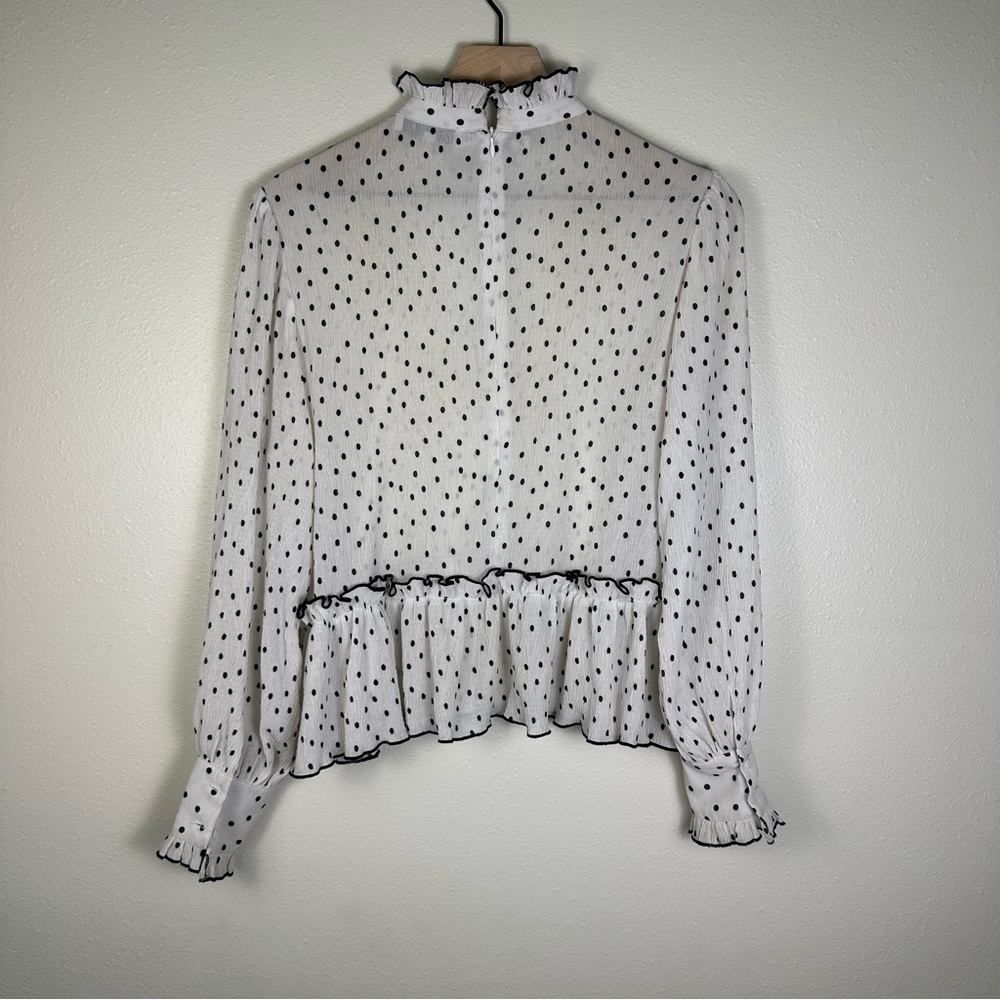MOODIE Women Small Polka Dot Sheer Ruffle Mock Neck Peplum Blouse - Picture 7 of 7